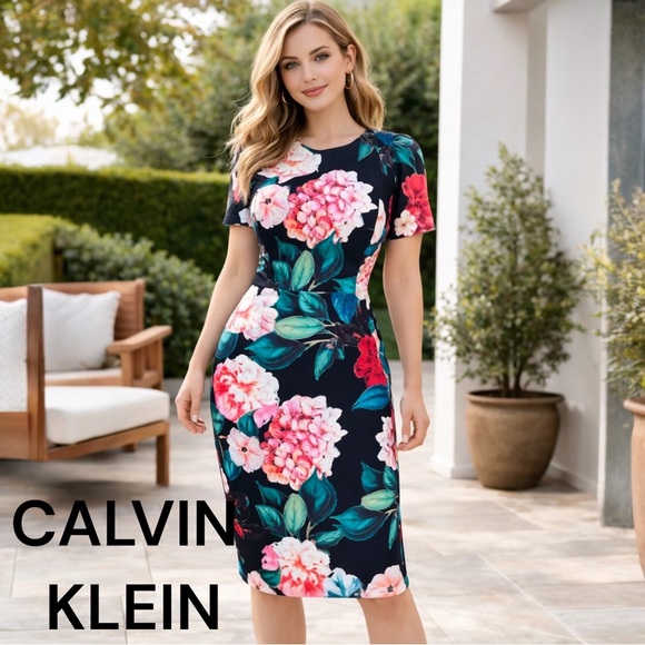 Calvin Klein Dresses & Skirts - Calvin Klein Women Black Floral Sheath Dress Size 4 Knee Length